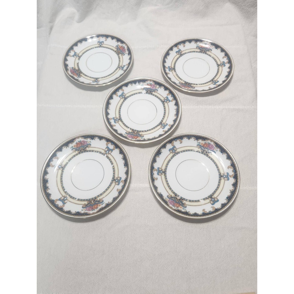 Vintage Buckingham Fine China Saucers Set of 5 Floral Navy Gold Rim 6.25 Inch